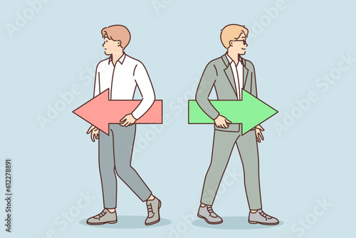Businessmen with opposite arrows go in different directions for concept of dispute between partners