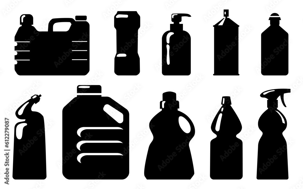 Set of black bottle household. Black household bottle icon collection Set of black bottle household. Black household bottle icon collection