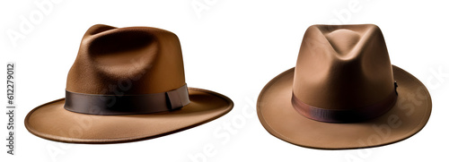 Set of front and side view brown top felt velvet hat on transparent background cutout, PNG file. Mockup template for artwork graphic design	
