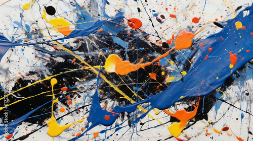 Abstract painting of a blue, red, yellow, orange painting, in the style of chaotic energy, incisioni series, black paintings,  energetic, dynamic compositions,  photo