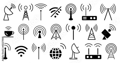 Radio tower antenna icon collection. Set of black radio tower icons
