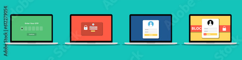 Login website in laptop screen collection. Laptop with login site in a flat design