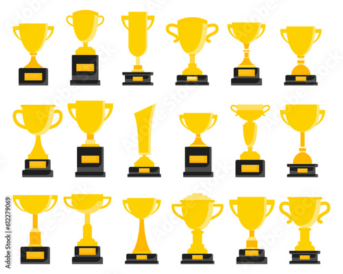 Trophy cup icon collection in a flat design. Set of golden award cup in a flat design