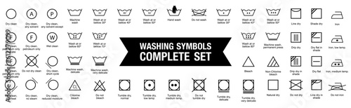 Washing symbol complete collection. Set of black washing icon