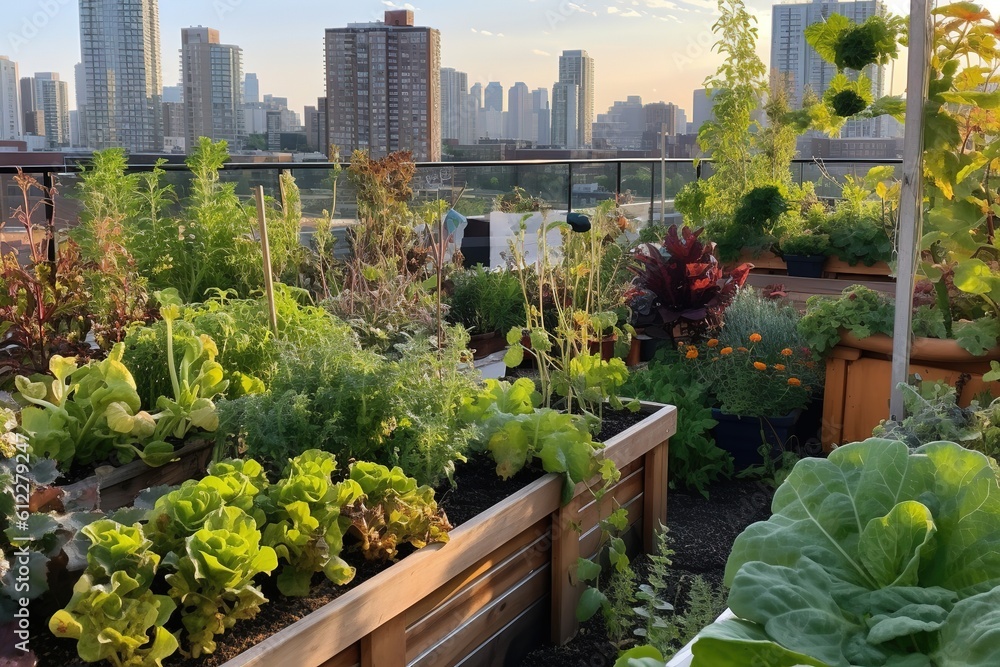 Fototapeta premium A rooftop urban garden thriving under the summer sun, showcasing a city skyline in the background, exemplifying urban farming in summer