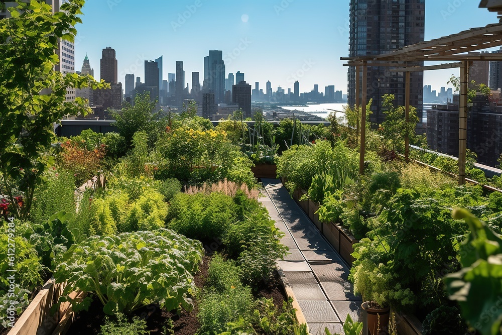 Fototapeta premium A rooftop urban garden thriving under the summer sun, showcasing a city skyline in the background, exemplifying urban farming in summer