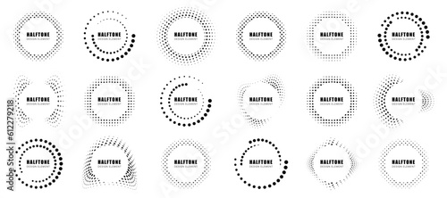Halftone circle elements collection. Set of black design elements half tone circle