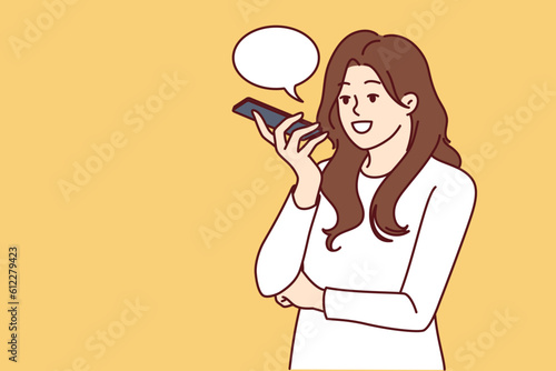 Woman with phone records audio message to send via messenger or social network. Young girl with conversation cloud uses voice messages and speech recognition features in phone using ai technology