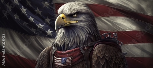 Eagle wear custume on USA flag background. Symbolizing power and freedom. America 4th of July or independence day theme. Generative AI technology.	
 photo