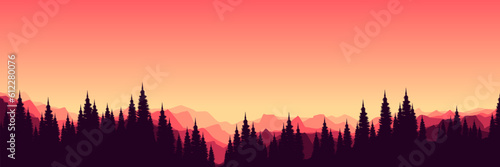 misty pine forest silhouette with mountain sunset landscape view vector illustration good for web banner, ads banner, tourism banner, wallpaper, background template, and adventure design backdrop