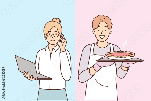 Businesswoman and householder husband symbolize destruction of gender stereotypes