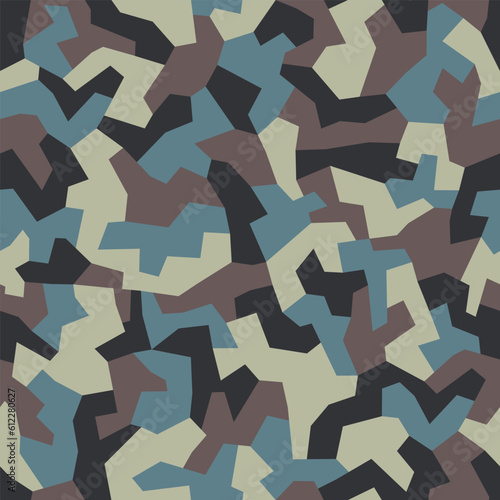 Geometric camouflage, seamless texture. Urban uniform. Blue and brown colors modern camo pattern, repeat print for fabric. Vector background