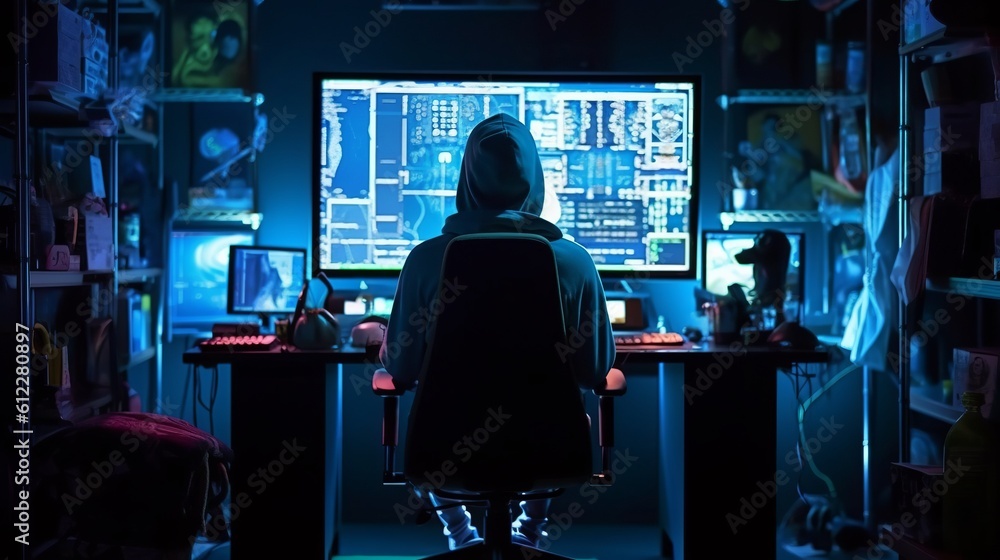 Anonymous hacker cyber criminal in front big monitor screen. Generative AI technology.	
