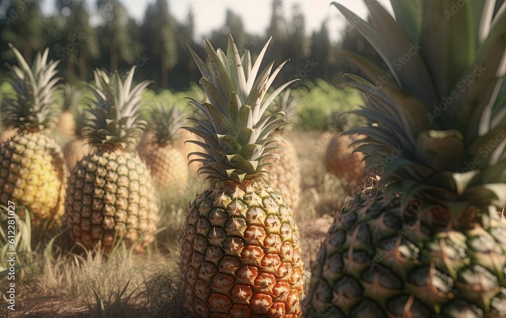 Pineapple plantation on a sunny day. Healthy and organic fruit. Generative Ai Pineapple plantation on a sunny day. Healthy and organic fruit. Generative Ai