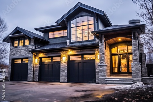 New Sophisticated Residence with Three-Car Garage, Dark Blue Siding, and Exquisite Natural Stone Pillars, generative AI
