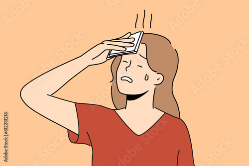 Unhealthy woman feel overheated suffer from hot weather on summer street. Unwell female struggle with heatstroke and dizziness. Vector illustration. 