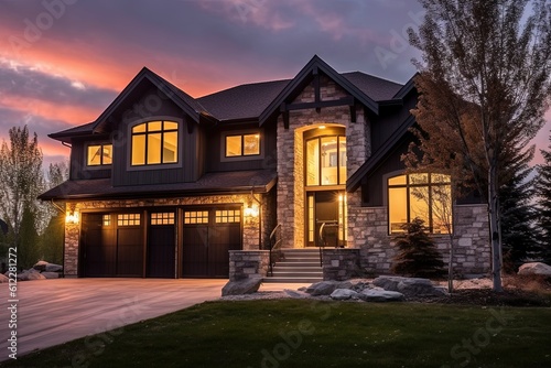 Sophisticated Design and Green Features Enhance Alluring Brand New Home with Three-Car Garage and Natural Stone Pillars, generative AI