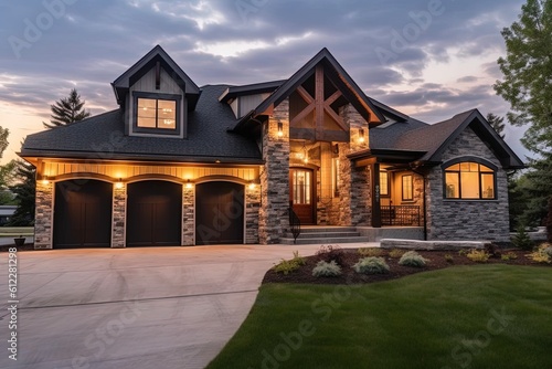 3-Car Garage Sophisticated Residence with Alluring Design, Natural Stone Pillars, and Dark Green Siding, generative AI