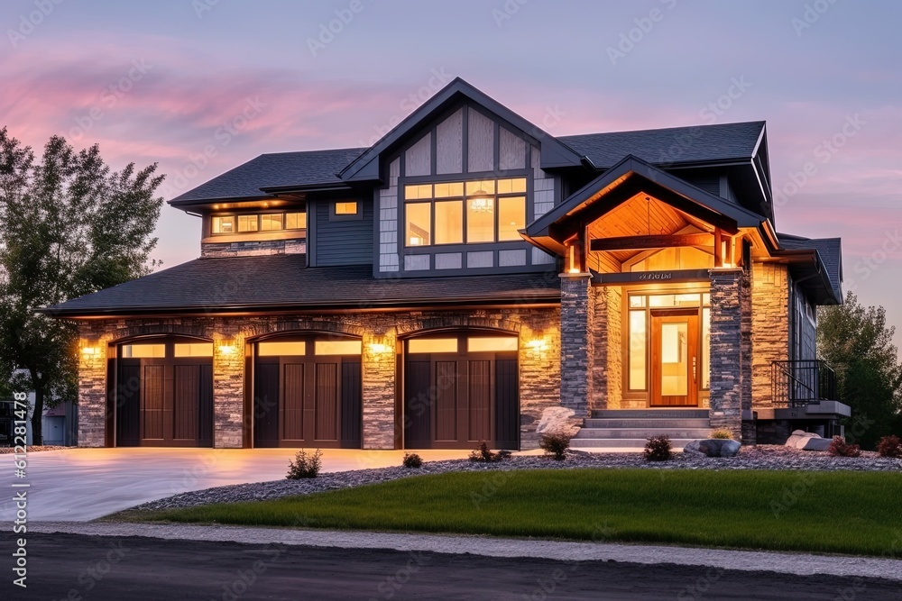Sophisticated Design and Three-Car Garage Meet Alluring Brand New Residence with Purple Siding and Natural Stone Pillars, generative AI