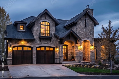 Unveiling a Sophisticated Dark Blue Home with Natural Stone Pillars and Three-Car Garage, generative AI