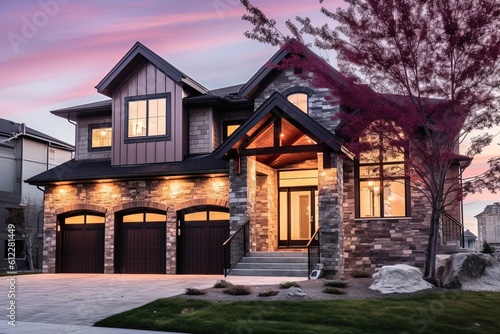 Sophisticated Design and Three-Car Garage: Alluring Brand New Residence with Eye-Catching Purple Siding and Natural Stone Pillars, generative AI