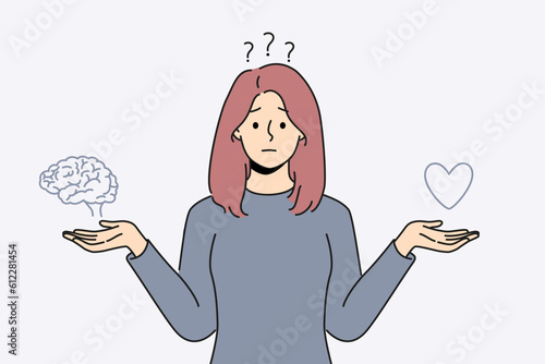 Confused woman choose between heart and brain. Frustrated girl make decision between emotions and reason. Vector illustration. 