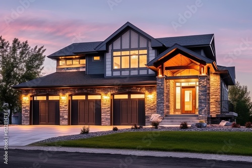 Sophisticated Design and Three-Car Garage Meet Alluring Brand New Residence with Purple Siding and Natural Stone Pillars, generative AI © Michael