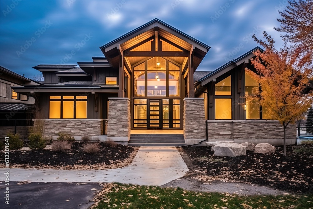 Avant-Garde Dwelling with Natural Stone Accents and Three-Car Garage Featuring Captivating Bronze Siding, generative AI Avant-Garde Dwelling with Natural Stone Accents and Three-Car Garage Featuring Captivating Bronze Siding, generative AI