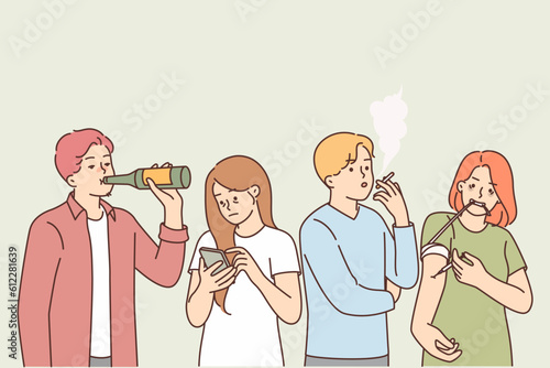 People with bad habits suffer from alcohol addiction and use drugs for concept social problems 