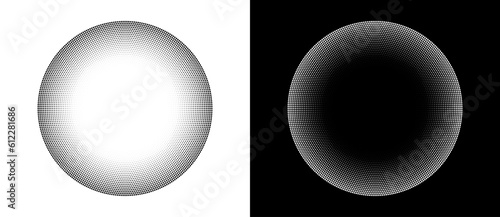Halftone round as icon or background. Abstract vector circle frame with dots as logo or emblem. Black shape on a white background and the same white shape on the black side.