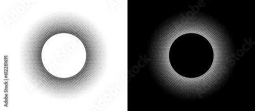 Halftone round as icon or background. Abstract vector circle frame with dots as logo or emblem. Black shape on a white background and the same white shape on the black side.