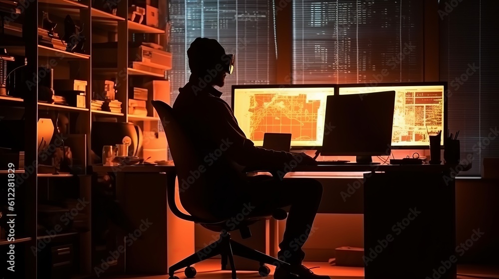Hacker silhouette sitting in front computer display. Generative AI technology.
Hacker silhouette sitting in front computer display. Generative AI technology.