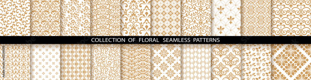 Geometric floral set of seamless patterns. White and gold vector backgrounds. Damask graphic ornaments