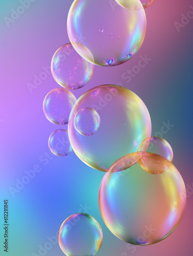 Transparent soap bubbles floating on iridescence background. Created with Generative AI technology.