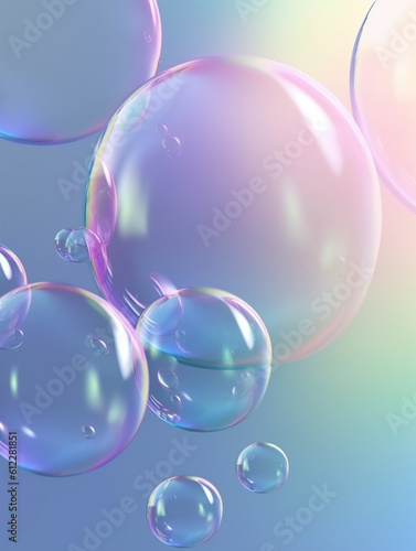 Transparent soap bubbles floating on iridescence gradient background. Created with Generative AI technology