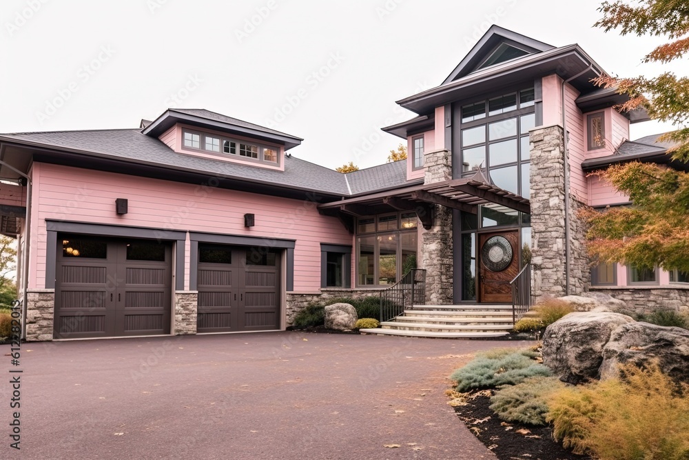 Avant-Garde Three-Car Garage Home with Captivating Pink Siding and Natural Stone Accents, generative AI