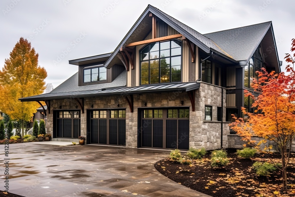 Avant-Garde Three-Car Garage Dwelling with Captivating Aesthetic, Dark Blue Siding, and Natural Stone Accents, generative AI Avant-Garde Three-Car Garage Dwelling with Captivating Aesthetic, Dark Blue Siding, and Natural Stone Accents, generative AI