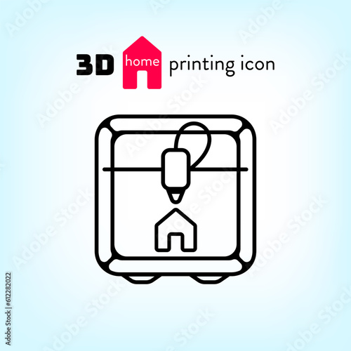 3D flat outline home 3D print vector icon - the concept of printing buildings using a CNC 3D printer