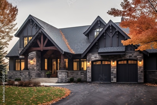 Avant-Garde Aesthetic: Captivating Newly Built Dwelling with Three-Car Garage, Gray Siding, and Natural Stone Accents, generative AI