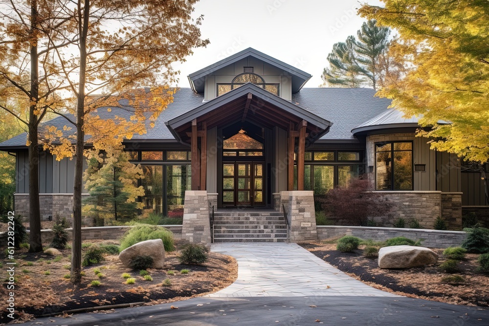 Avant-garde Dwelling with Natural Stone Accents, Green Siding, and Three-Car Garage, generative AI Avant-garde Dwelling with Natural Stone Accents, Green Siding, and Three-Car Garage, generative AI