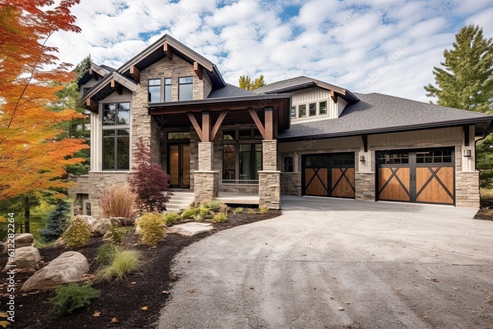 Avant-Garde Aesthetic Meets Functional Design: Stunning Three-Car Garage Dwelling with Beige Siding and Natural Stone Accents, generative AI Avant-Garde Aesthetic Meets Functional Design: Stunning Three-Car Garage Dwelling with Beige Siding and Natural Stone Accents, generative AI