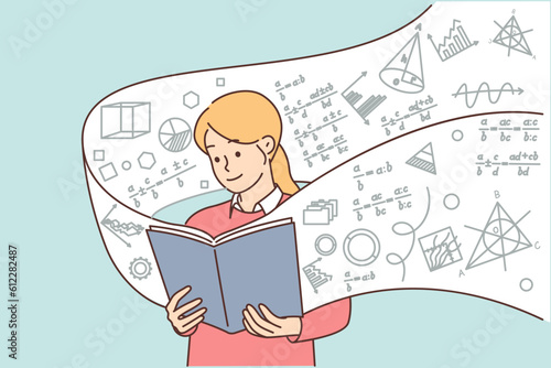 Girl student with book on algebra studies exact mathematical sciences, wanting to prove theorem