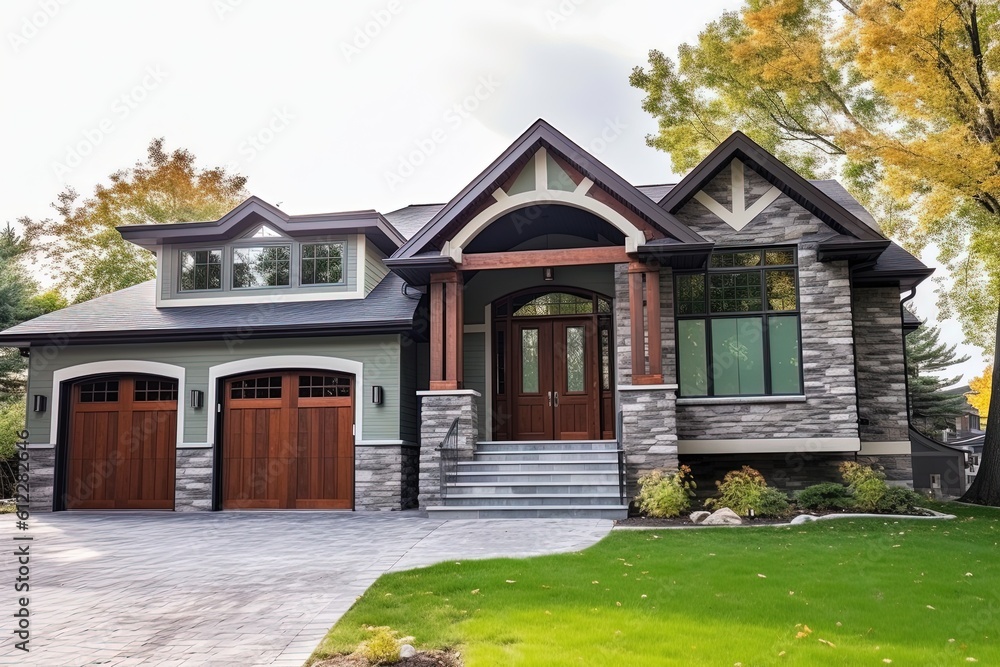 Modern Design with Double Garage and Natural Stone Embellishments in Newly Constructed Deluxe Home with Light Green Siding, generative AI Modern Design with Double Garage and Natural Stone Embellishments in Newly Constructed Deluxe Home with Light Green Siding, generative AI