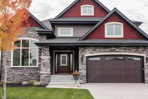 Modern Double Garage Home: Deluxe Construction with Burgundy Siding and Natural Stone Embellishments, generative AI