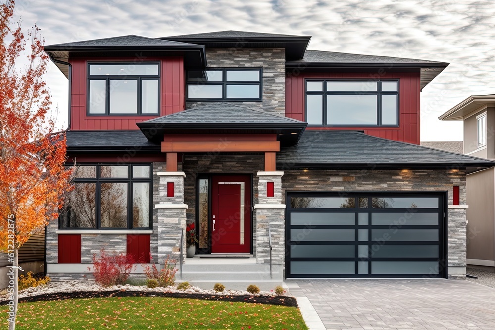 Deluxe Modern Home with Natural Stone Embellishments and Double Garage in Striking Red Siding, generative AI Deluxe Modern Home with Natural Stone Embellishments and Double Garage in Striking Red Siding, generative AI