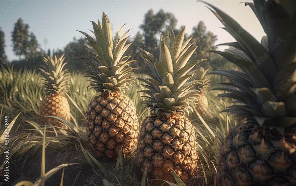 Pineapple plantation on a sunny day. Healthy and organic fruit. Generative Ai Pineapple plantation on a sunny day. Healthy and organic fruit. Generative Ai