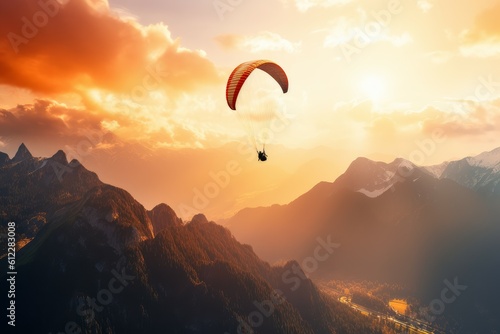 Paragliders mountains sunset background. Generate Ai