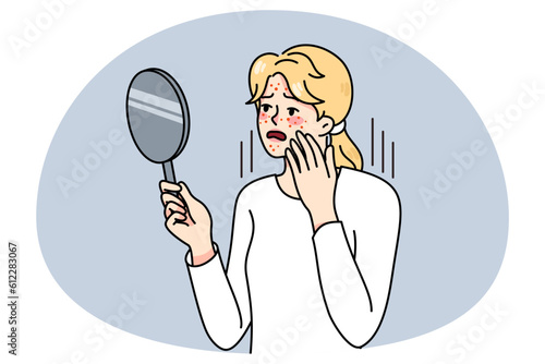 Distressed woman look in mirror worry about acne problems. Unhappy girl stress about pimples, having skincare troubles. Skin healthcare and dermatology. Vector illustration.