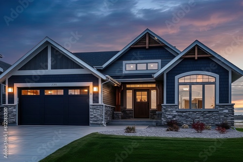 Modern Double Garage Home with Navy Blue Siding and Natural Stone Embellishments - A Deluxe New Construction, generative AI © Michael