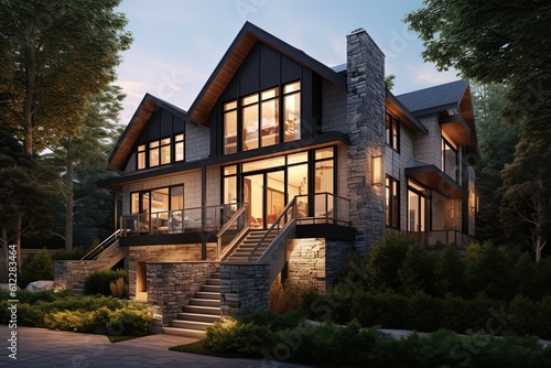 Cutting-edge Styling meets Distinguished New Development Property with Gray Siding, Natural Stone Staircase, and Two-Car Garage, generative AI